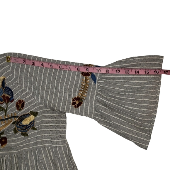 Orange Creek Gray Striped Floral Embroidered Dress Sz Medium Bell Sleeve Cotton - Picture 14 of 14